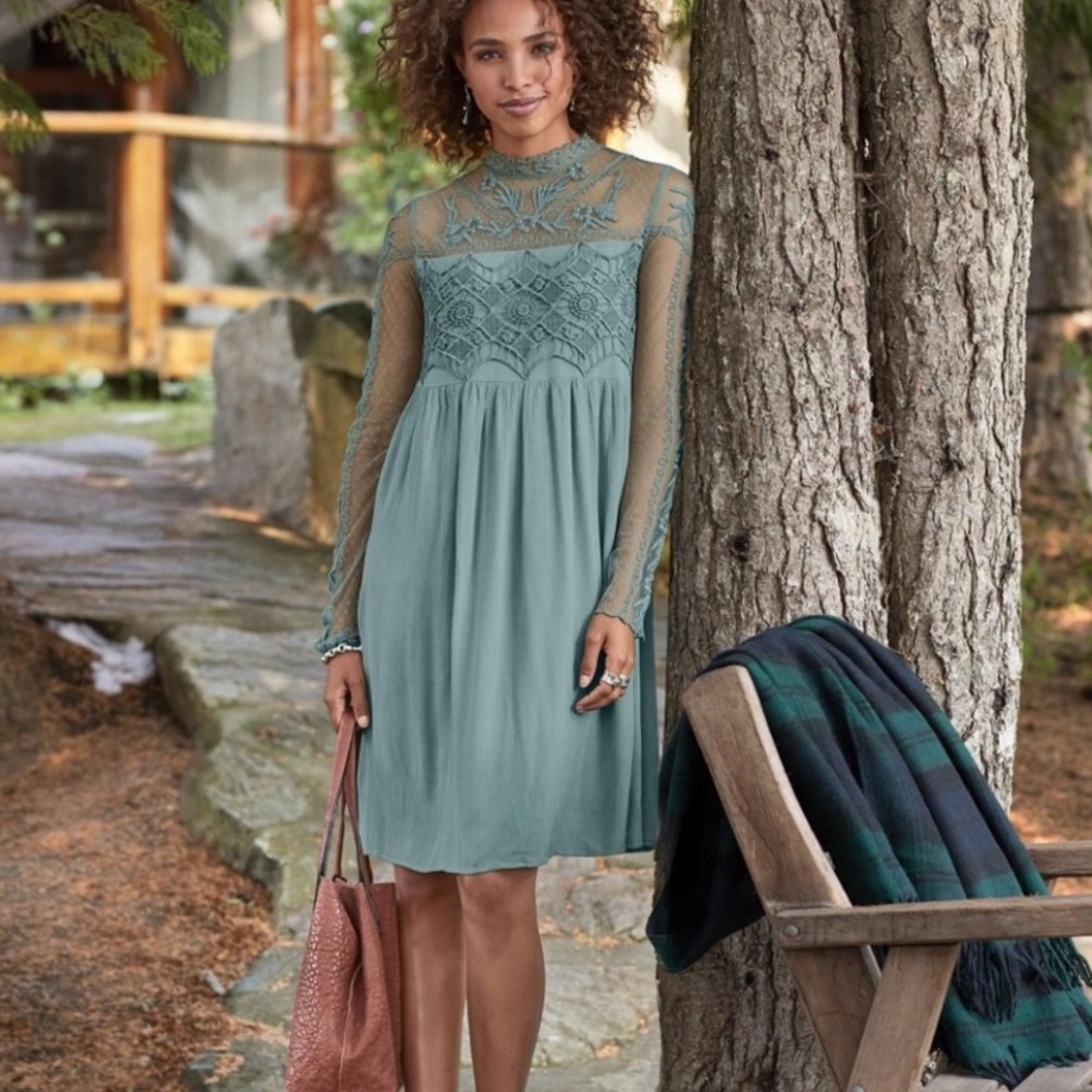 Sundance Dusty Blue-Green Victorian Romance Lace & Crochet Long Sleeve Dress